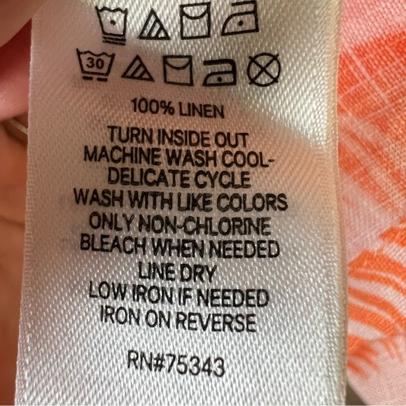 TAHARI 100% Linen Orange Tropical Leaf Dress Size Large Coastal Flutter Sleeve - Picture 8 of 11